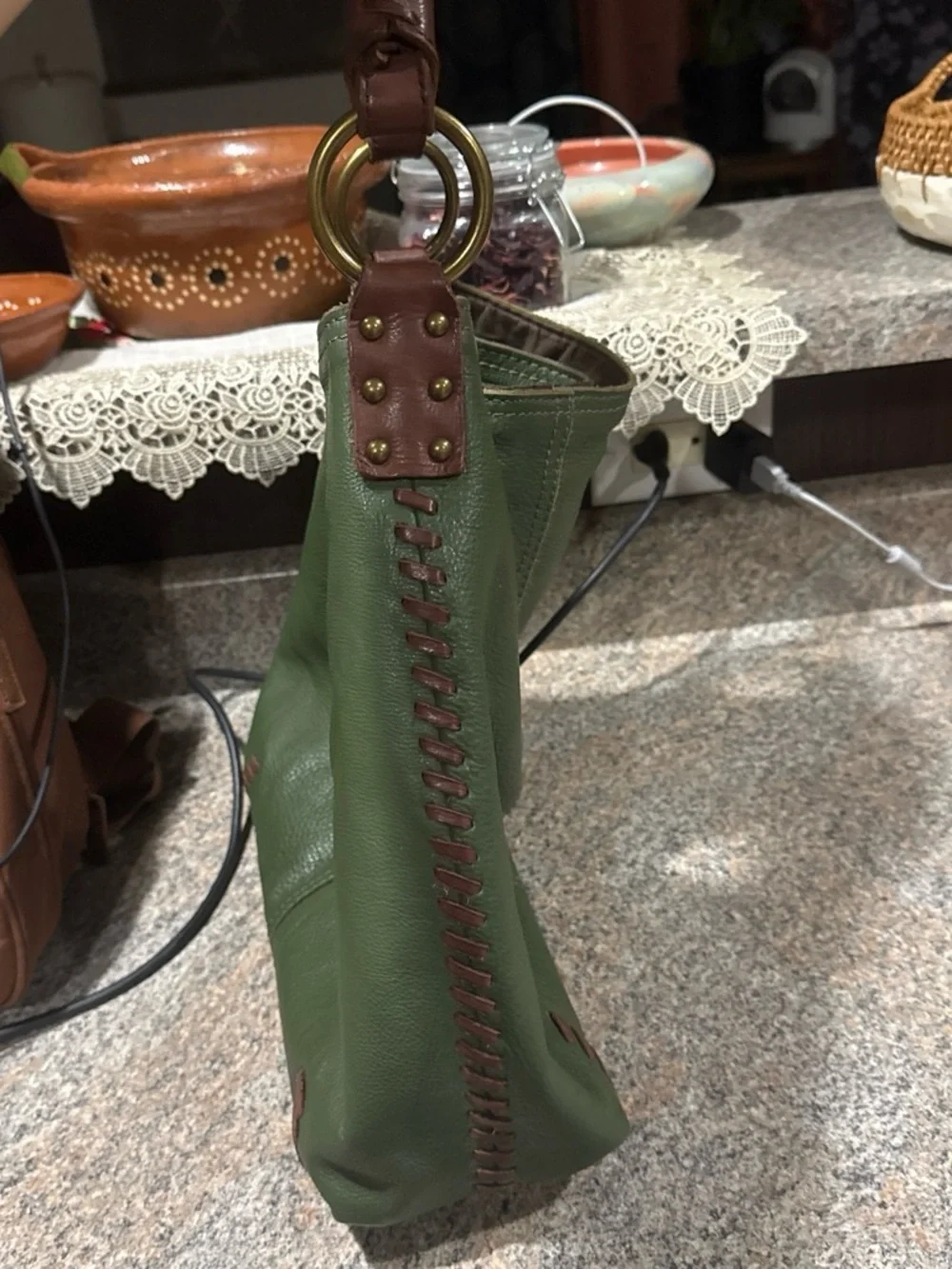 Vintage lucky Green Leather Hobo Bag with Brown Trim